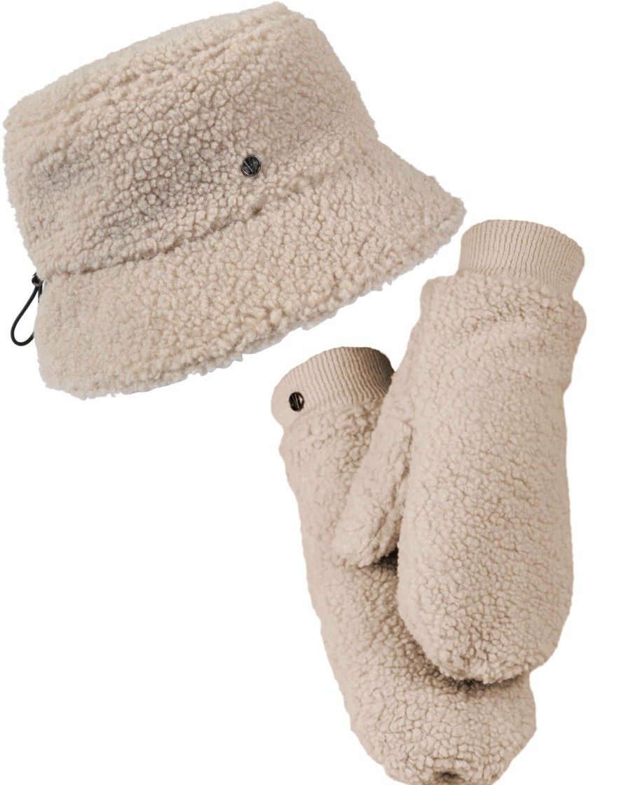 Wholesale Lammfell Imitations Bucket Hut + Handschuh - Beige