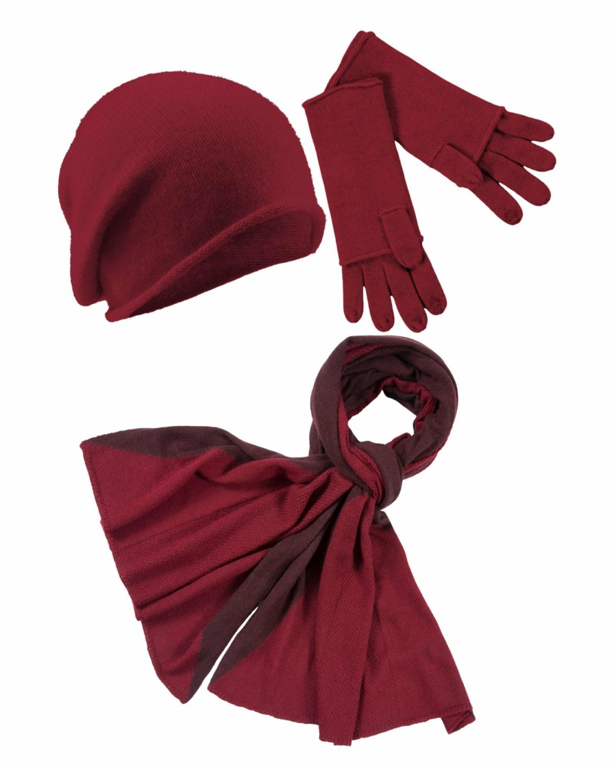 Hot Kaschmir-Beanie, Handschuh + Schal Mit Geometrischem Muster - Rubin